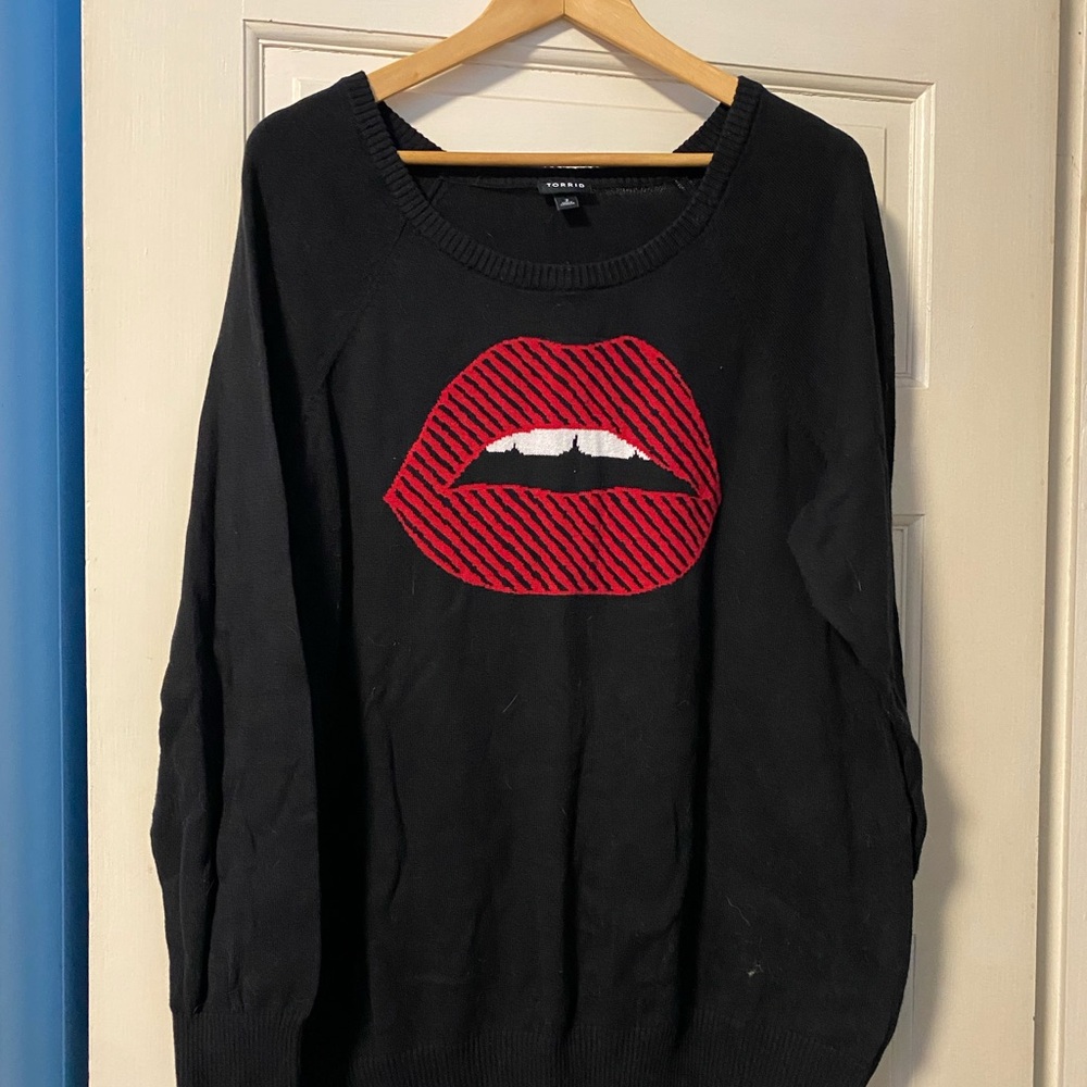 Torrid Black and Red Crew Neck Sweater with Pop-Art Lips